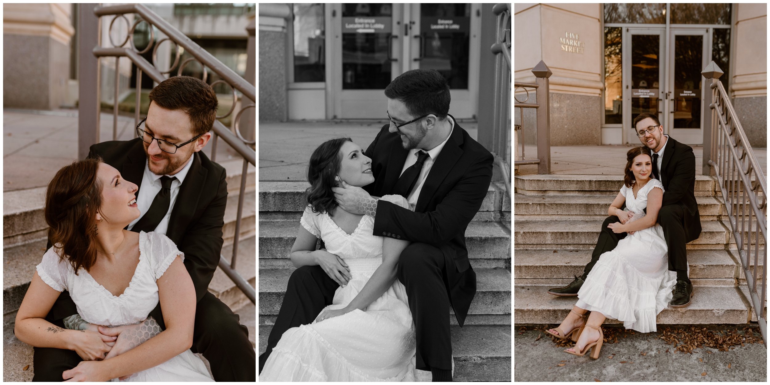  Couple sitting on stairs together in Downtown Roanoke 