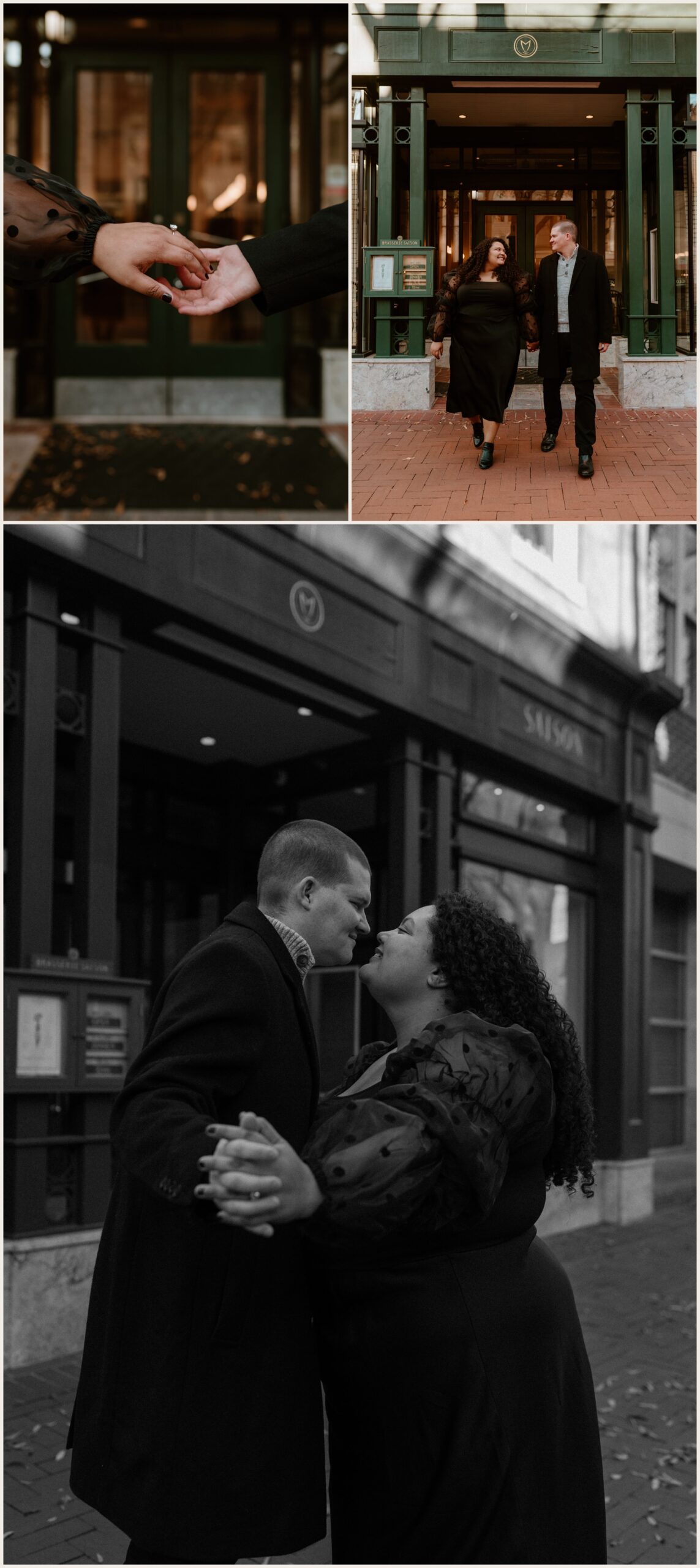  Couple holding hands walking and dancing together in Downtown Charlottesville, VA 