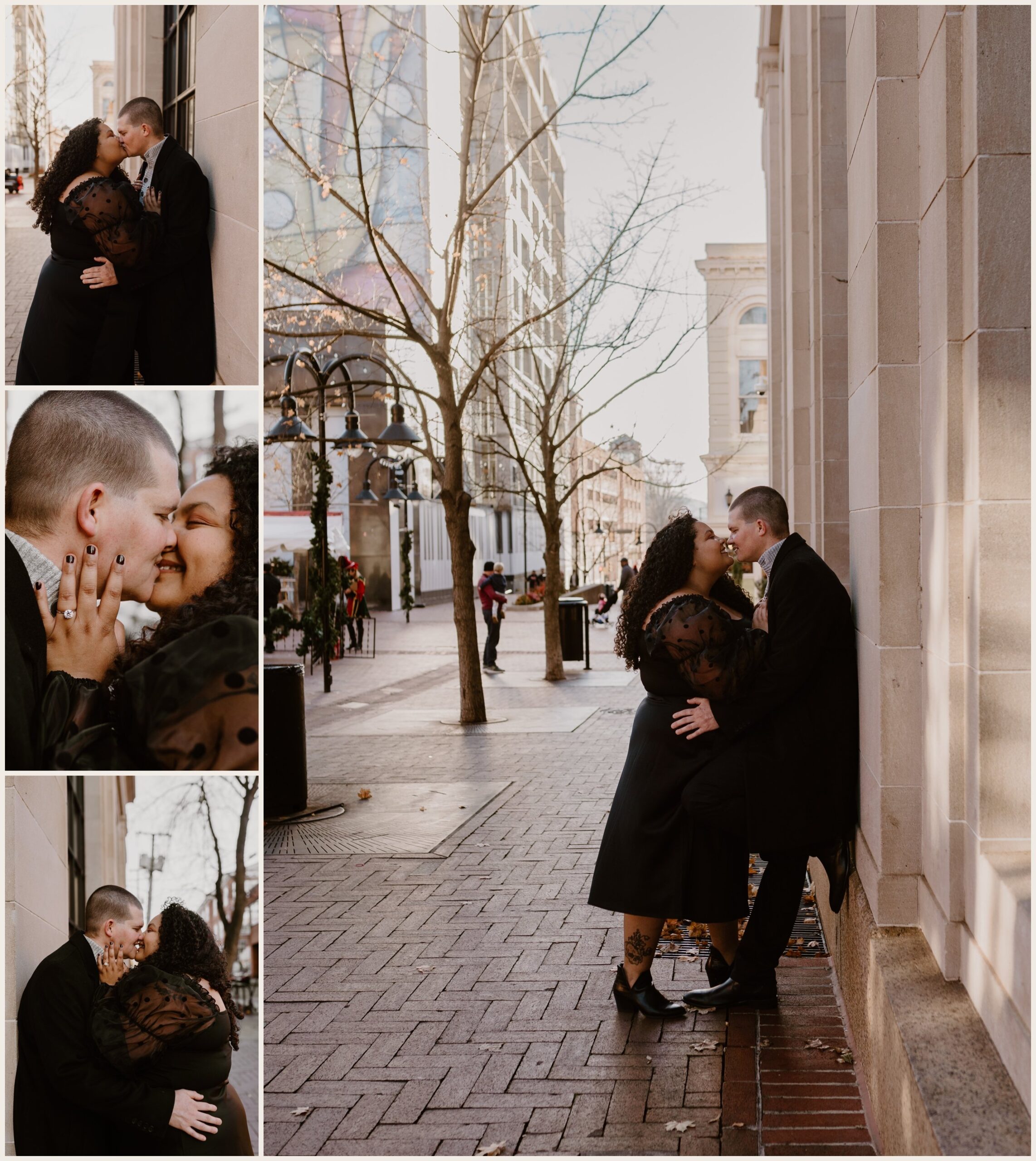  Couple kissing against a building in downtown  Charlottesville, Virginia 