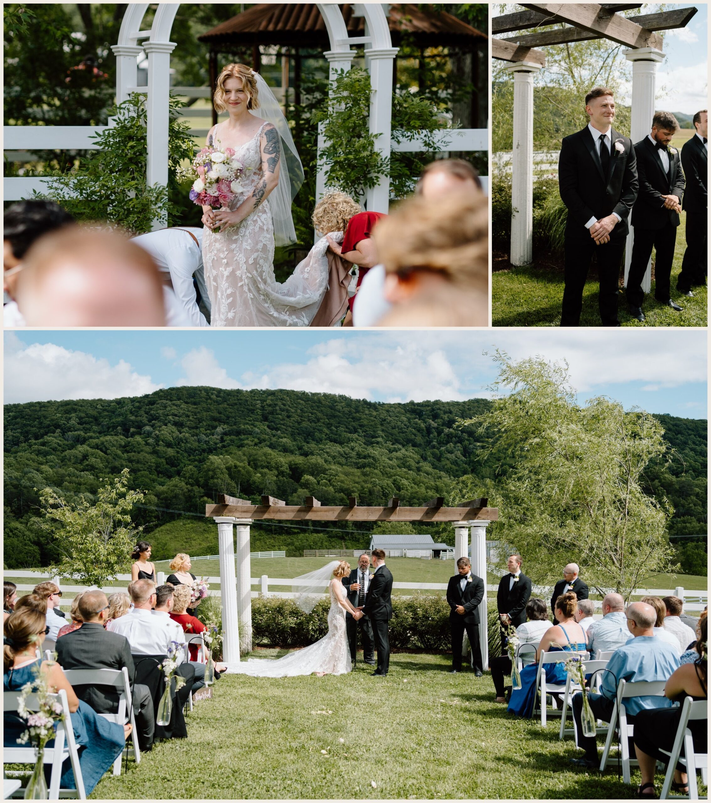  a bride and groom seeing eachother at the end of the aisle for the first time 