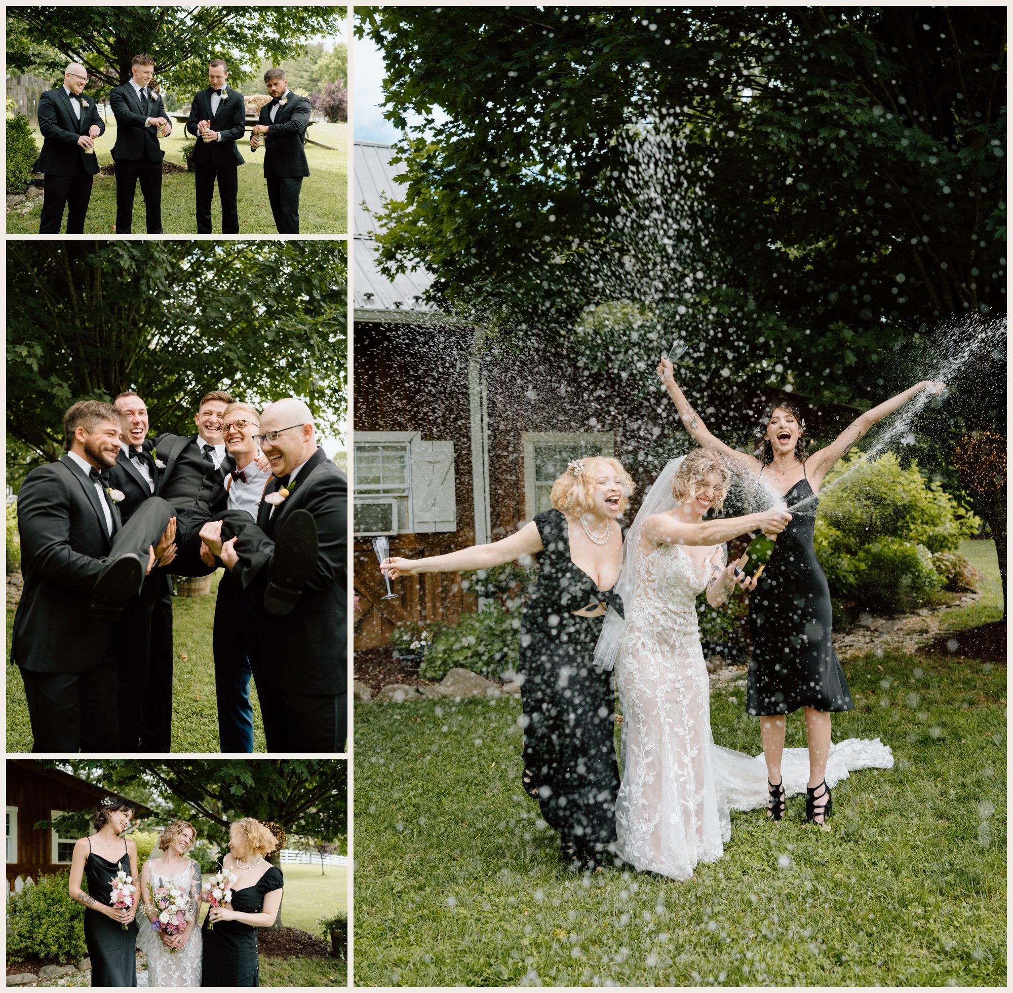  bride and groom preparing for their wedding day with their wedding party 