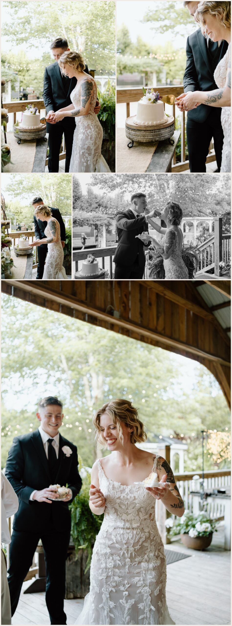  bride and groom cutting their wedding cake 