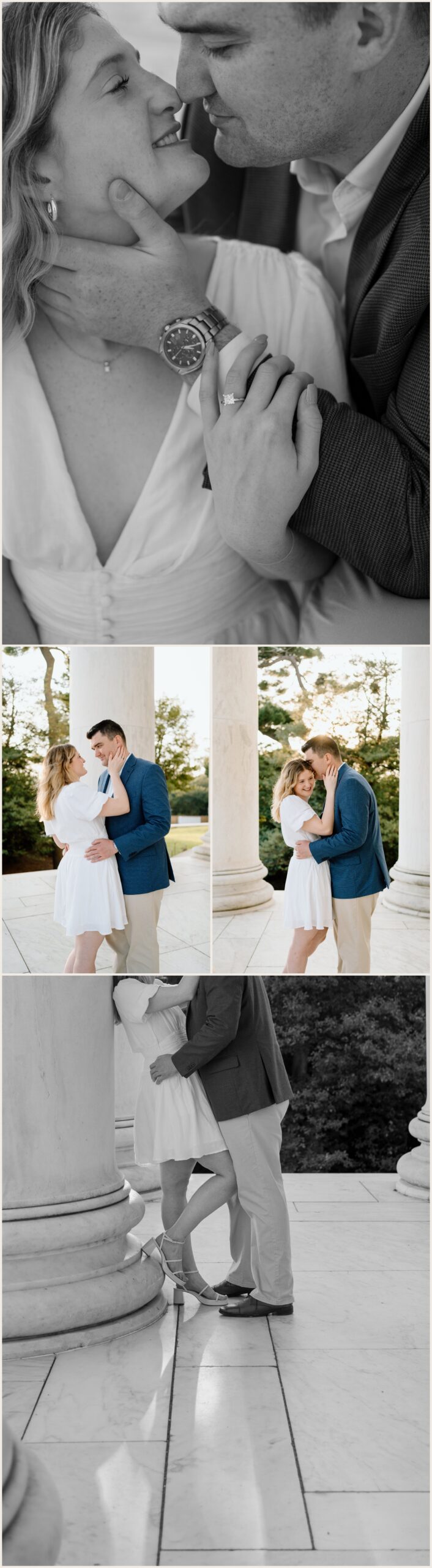  black and white and color photos of a couple embracing at the Jefferson memorial in Washington dc 