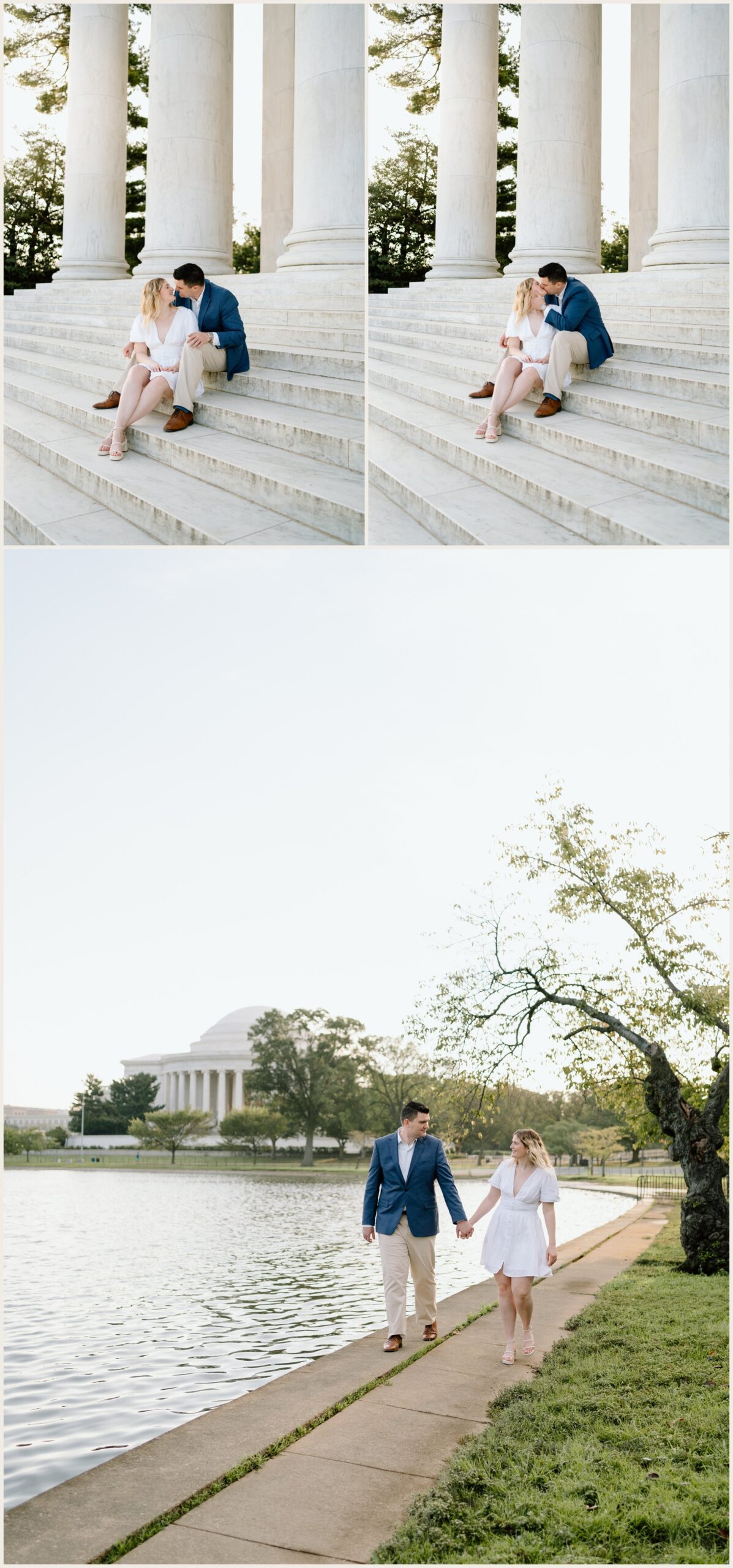  couple sitting on the stairs of the Jefferson memorial and walking along a path 