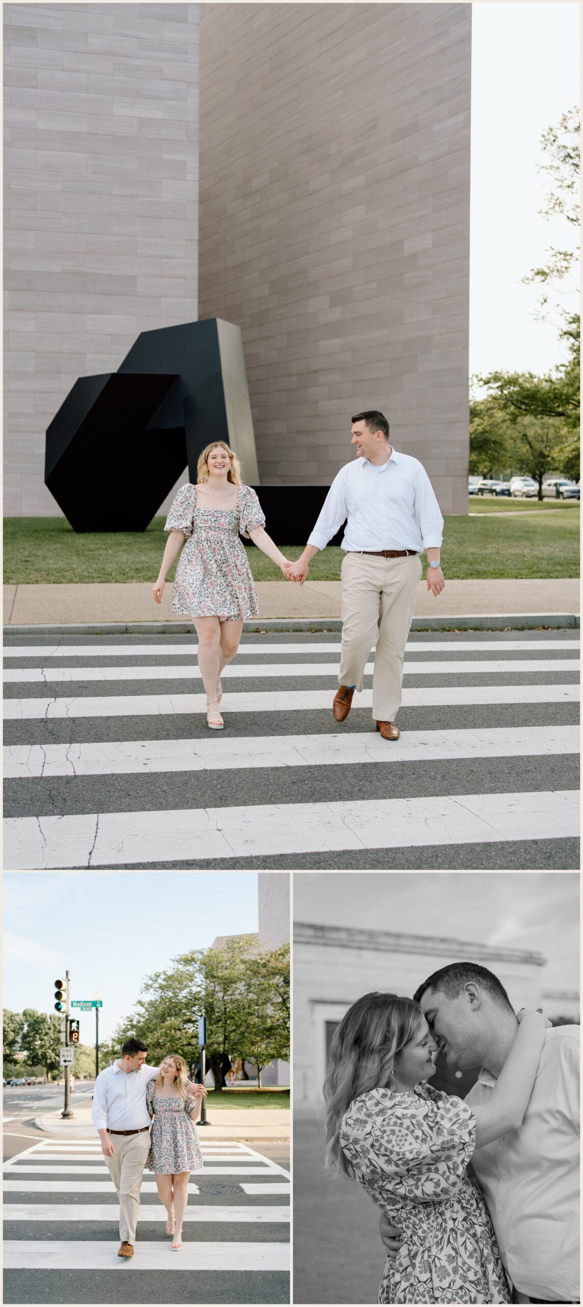  black and white and color photos of a couple walking in Washington DC 