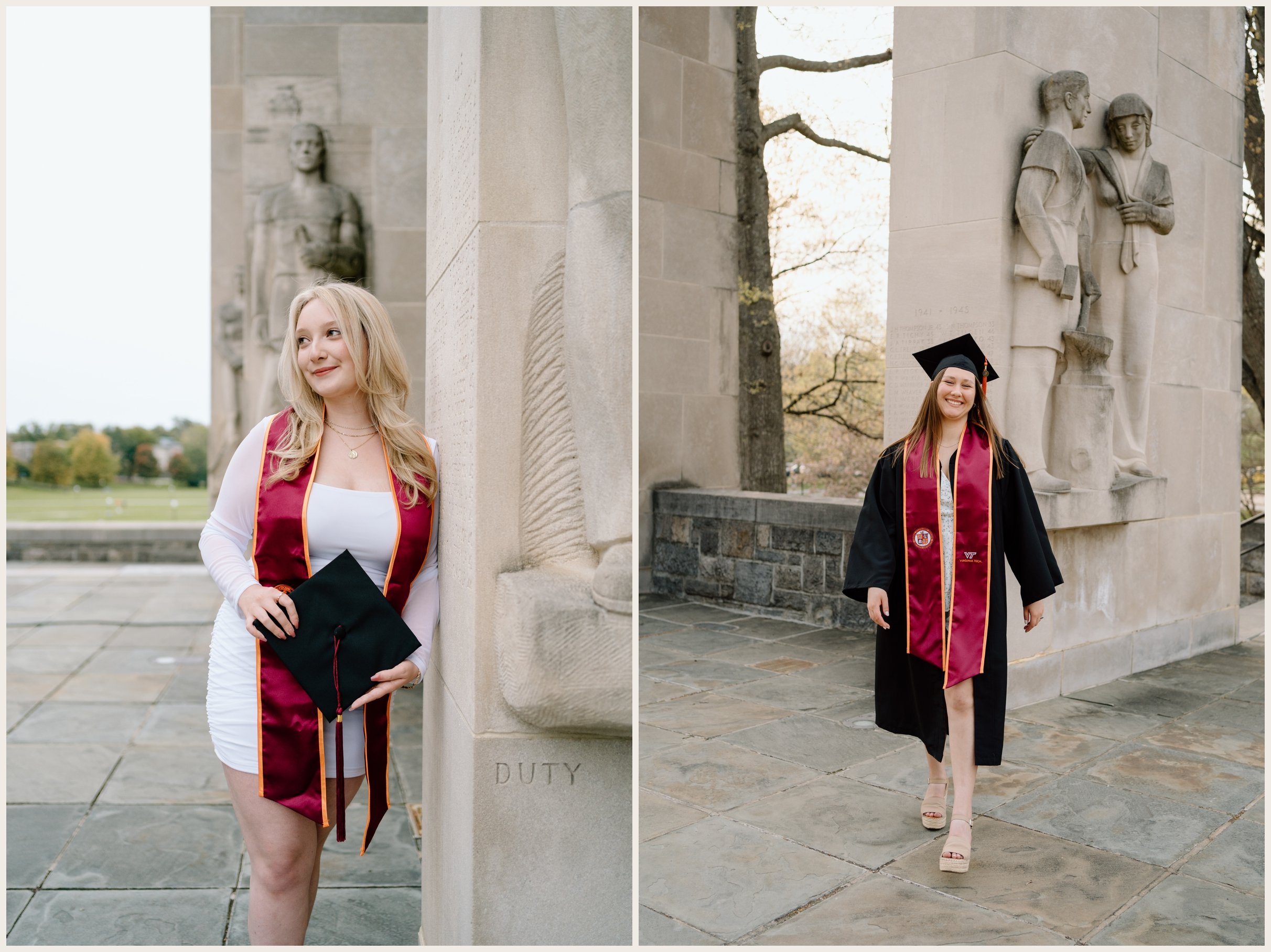 Virginia Tech graduation portrait of students at the Pylons