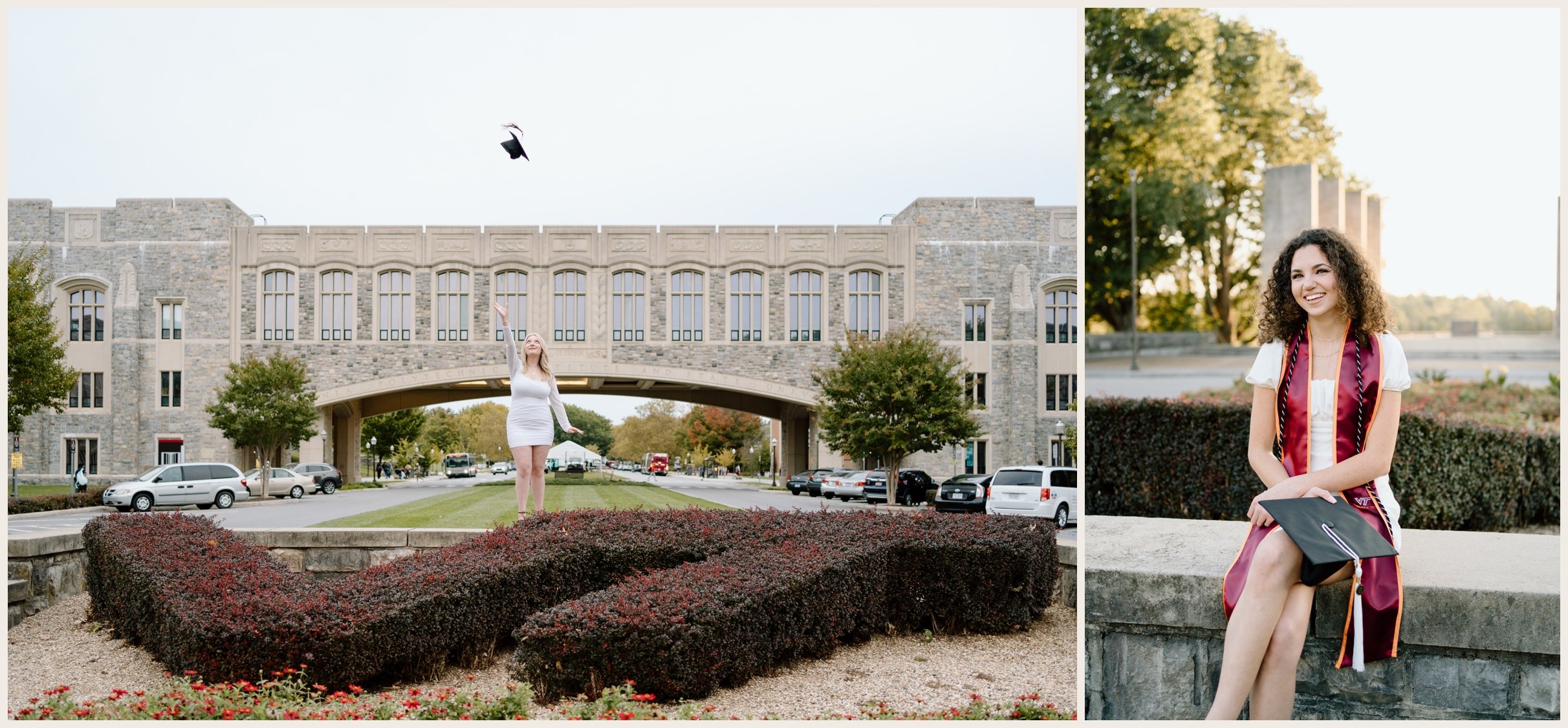 Virginia Tech graduation portraits of women at the Torgersen Bridge