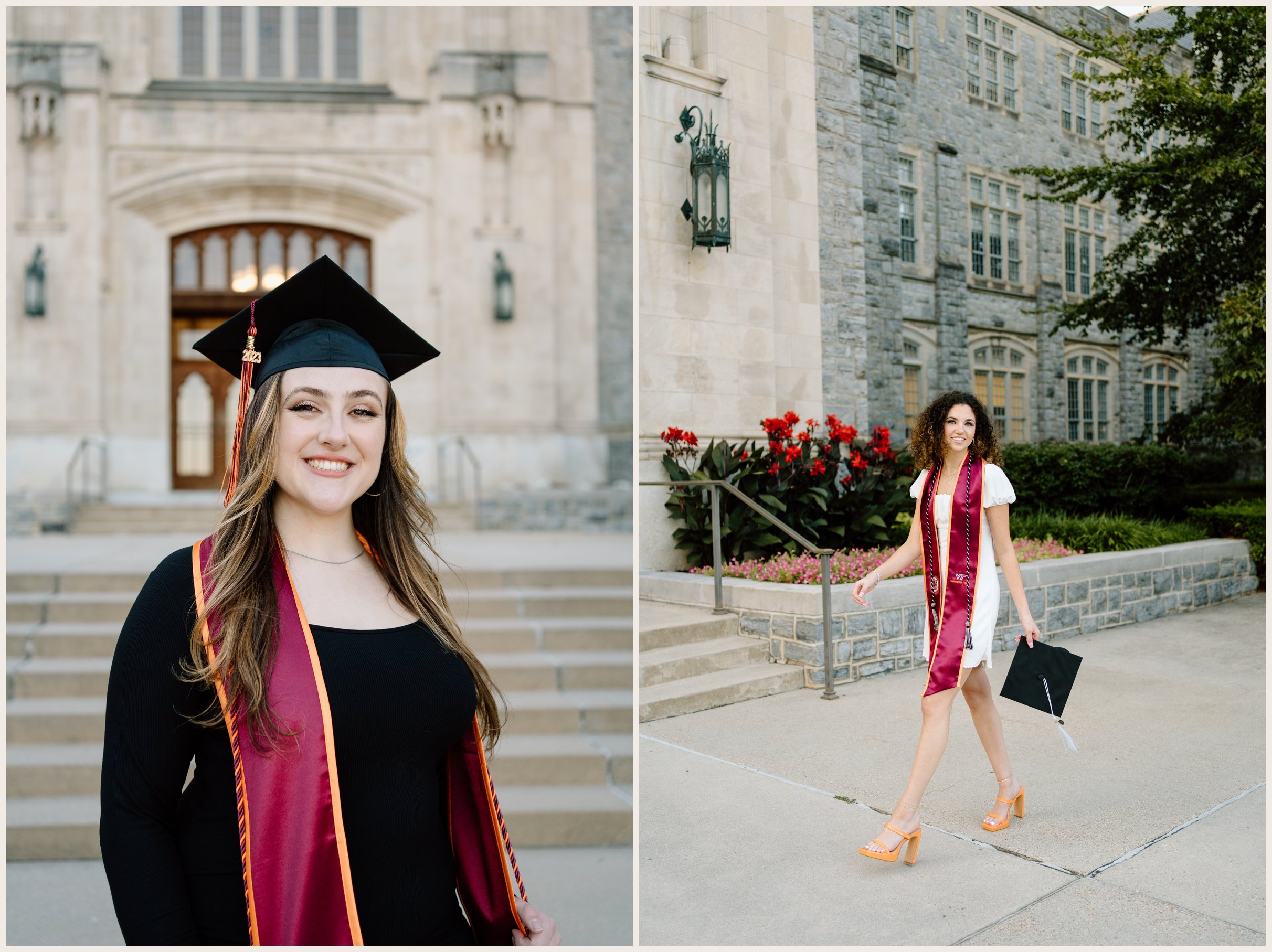 Virginia Tech graduation portraits of women at Burruss Hall