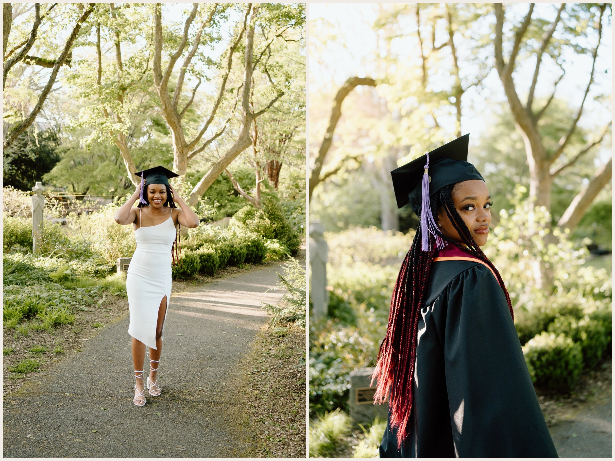 Virginia Tech graduation portraits of women at the Hahn Horticulture Garden