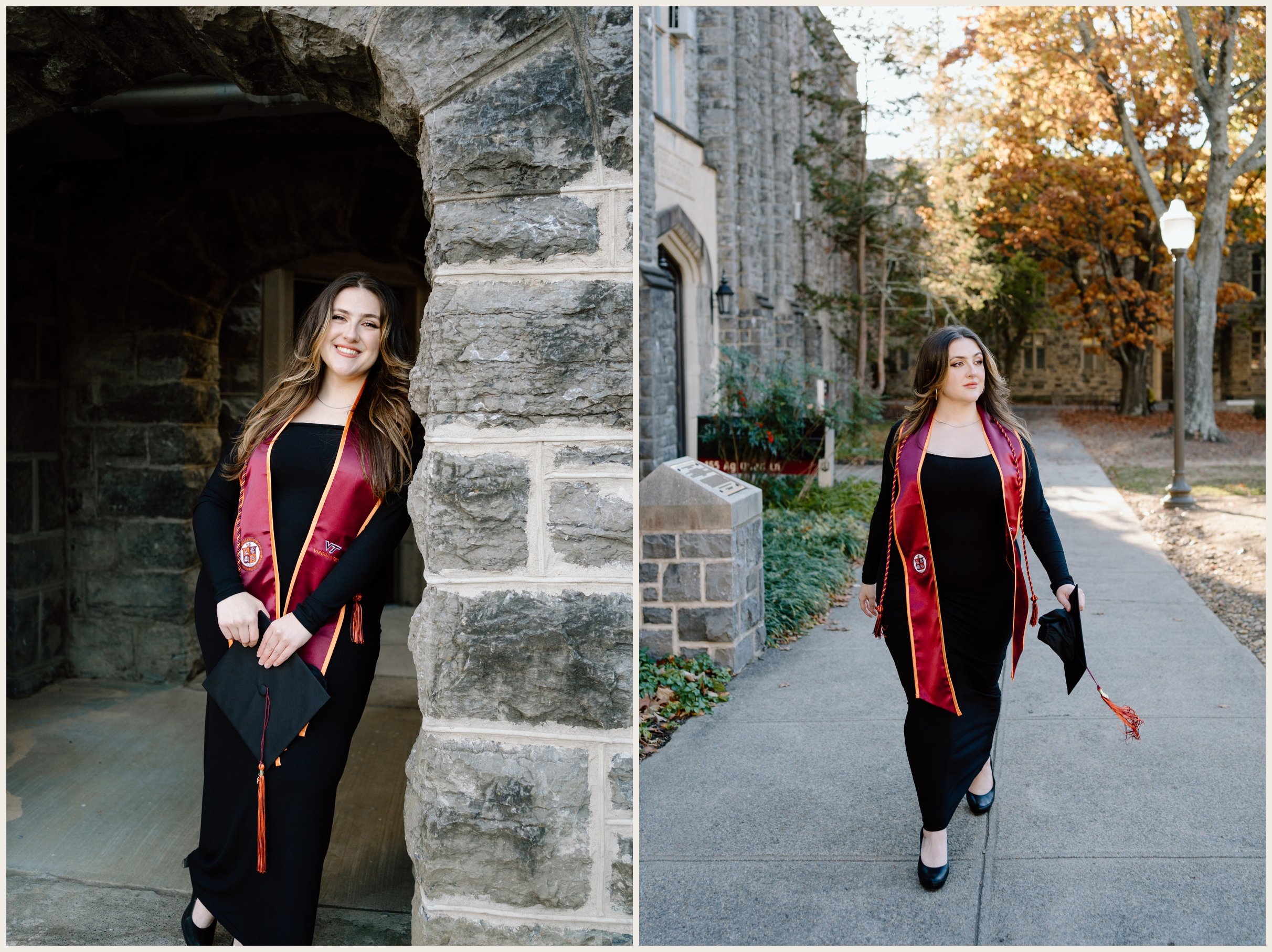 Virginia Tech graduation portraits of women at the Agricultural quad