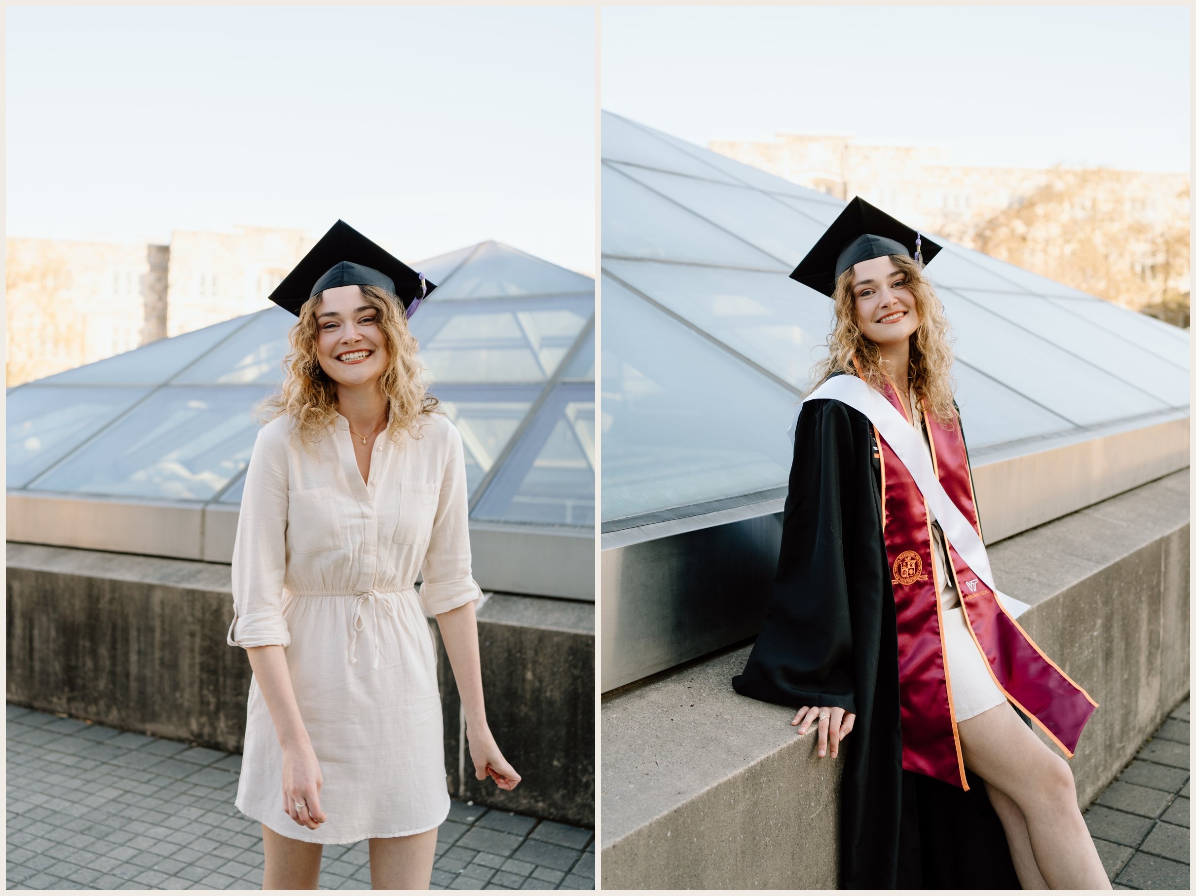 Virginia Tech graduation portraits of women at the roof of Burchard Hall