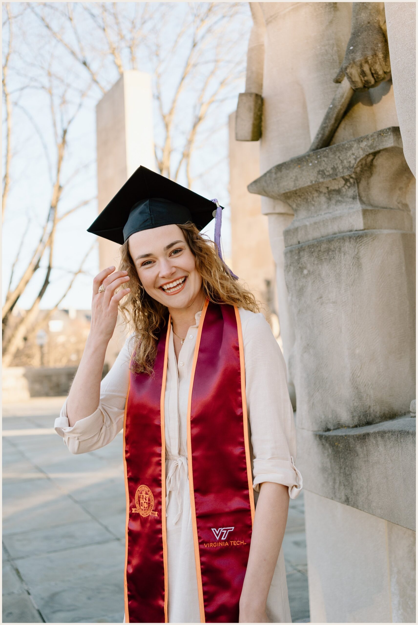 Virginia Tech graduation portrait of a woman at the Pylons