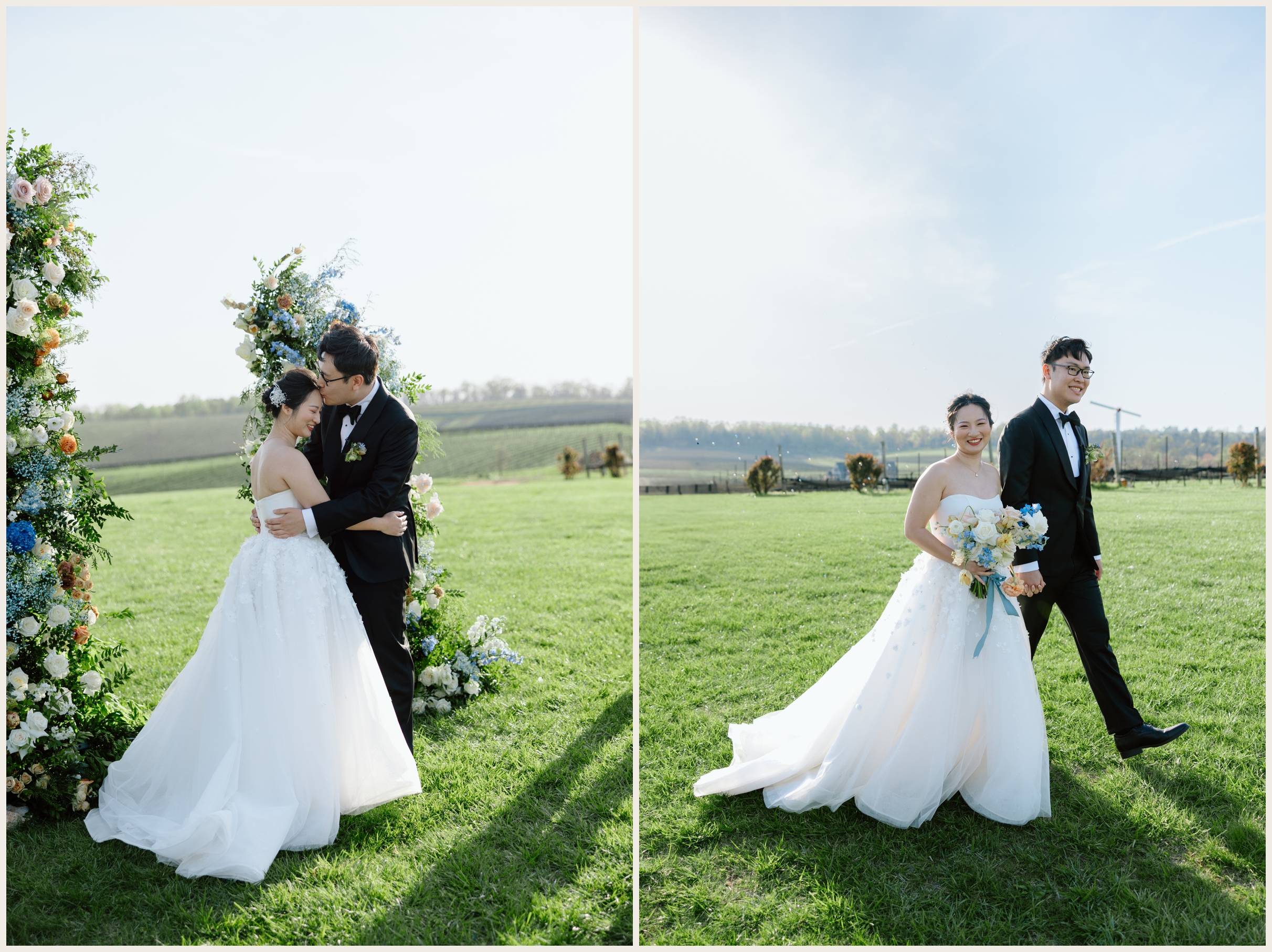 wedding couple kissing and walking at pippin hill farm