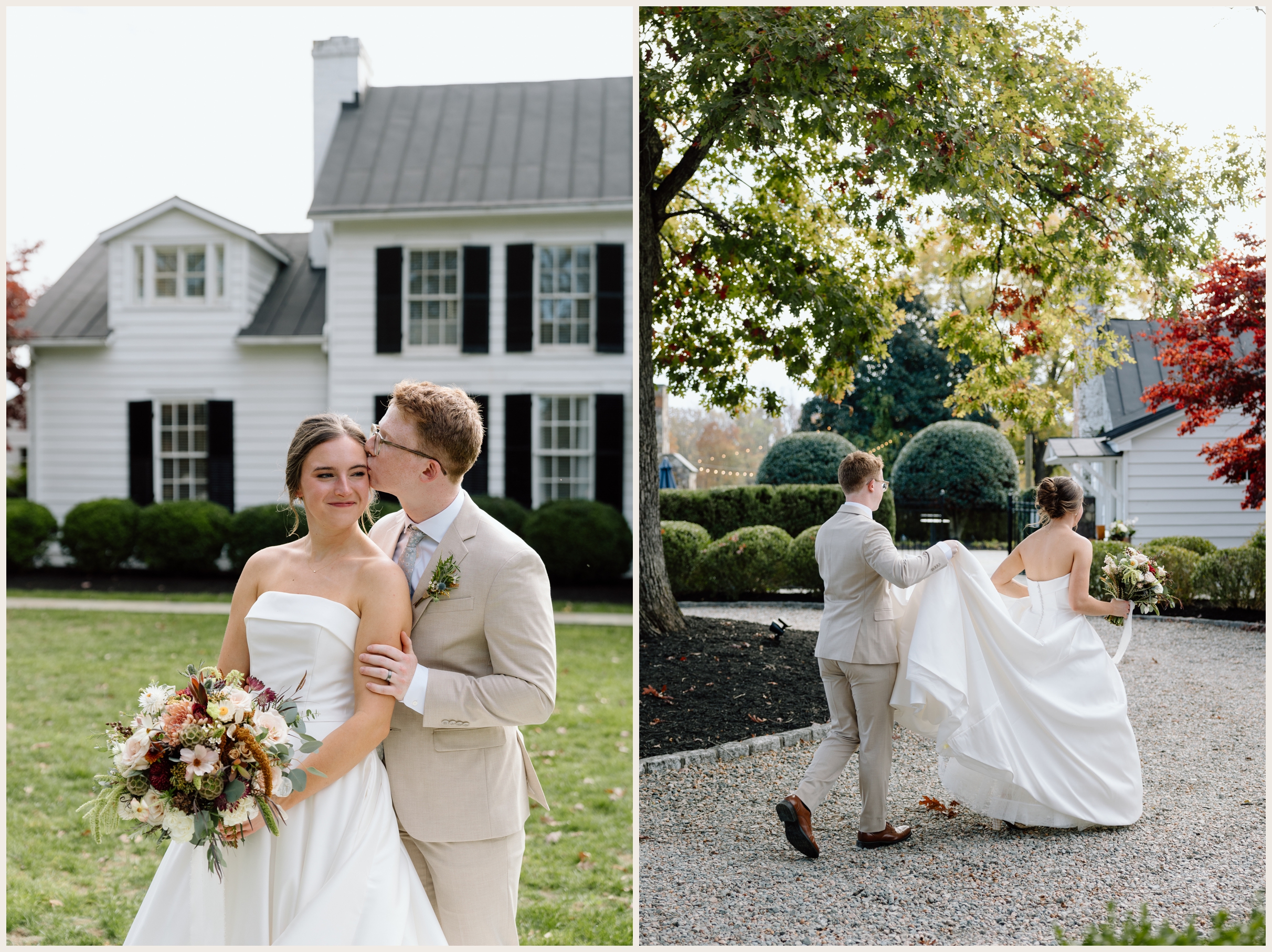 Wedding portraits of a couple kissing and walking at Clifton Inn