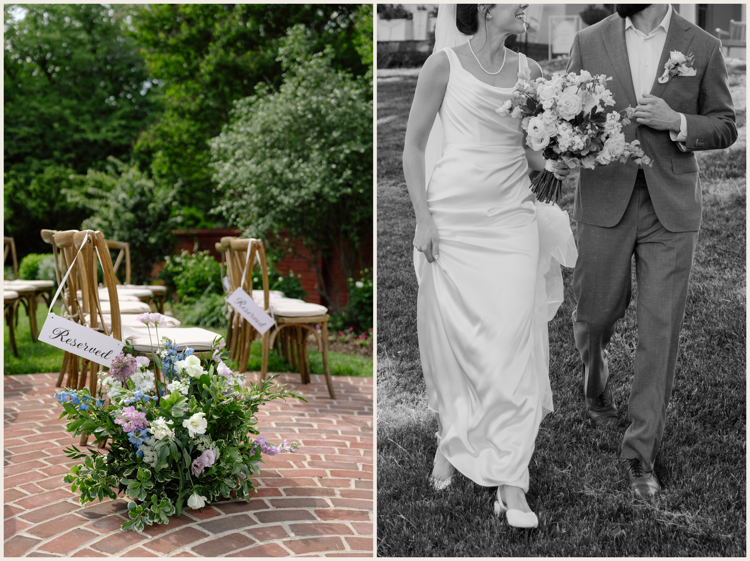 Wedding couple walking at Early Mountain Vineyards and detail photo of a ceremony chair with flowers