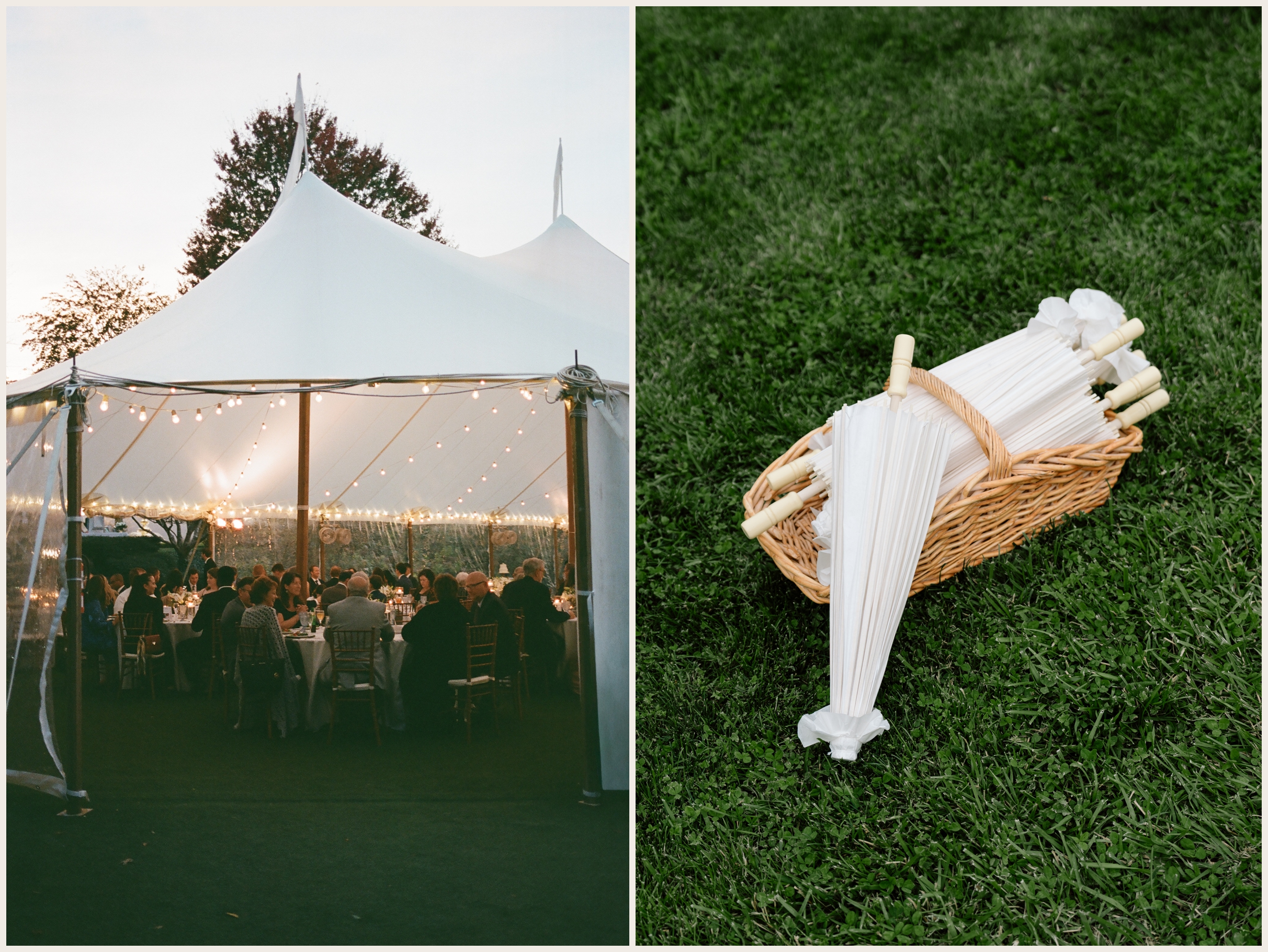 Tent reception detail photo on 35mm film and details of parasols in a basket at Bramblewood Estate